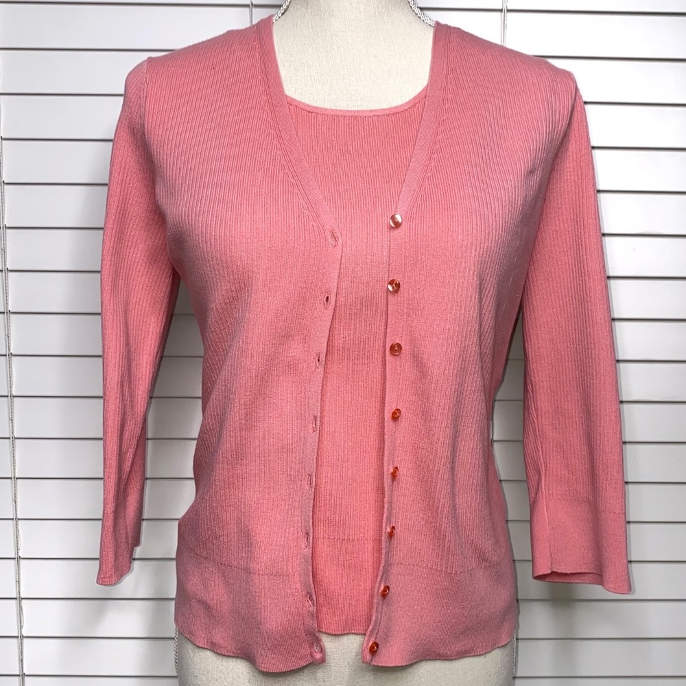 Talbots Pink Ribbed V-Neck Cardigan with Matching Shell - Picture 5 of 8
